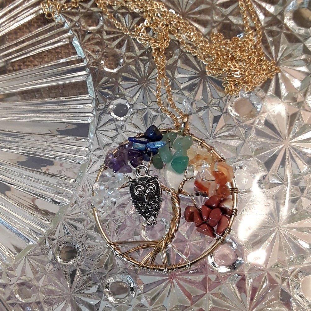 B8 NEW Gold Plated FullMoon Owl Tree of Life - Picture 3 of 4